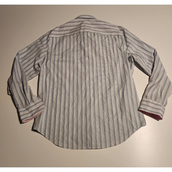 Egara Shirt Blue Striped Pink Flip Cuffs Modern Fit Stretch Mens Large - Picture 8 of 13